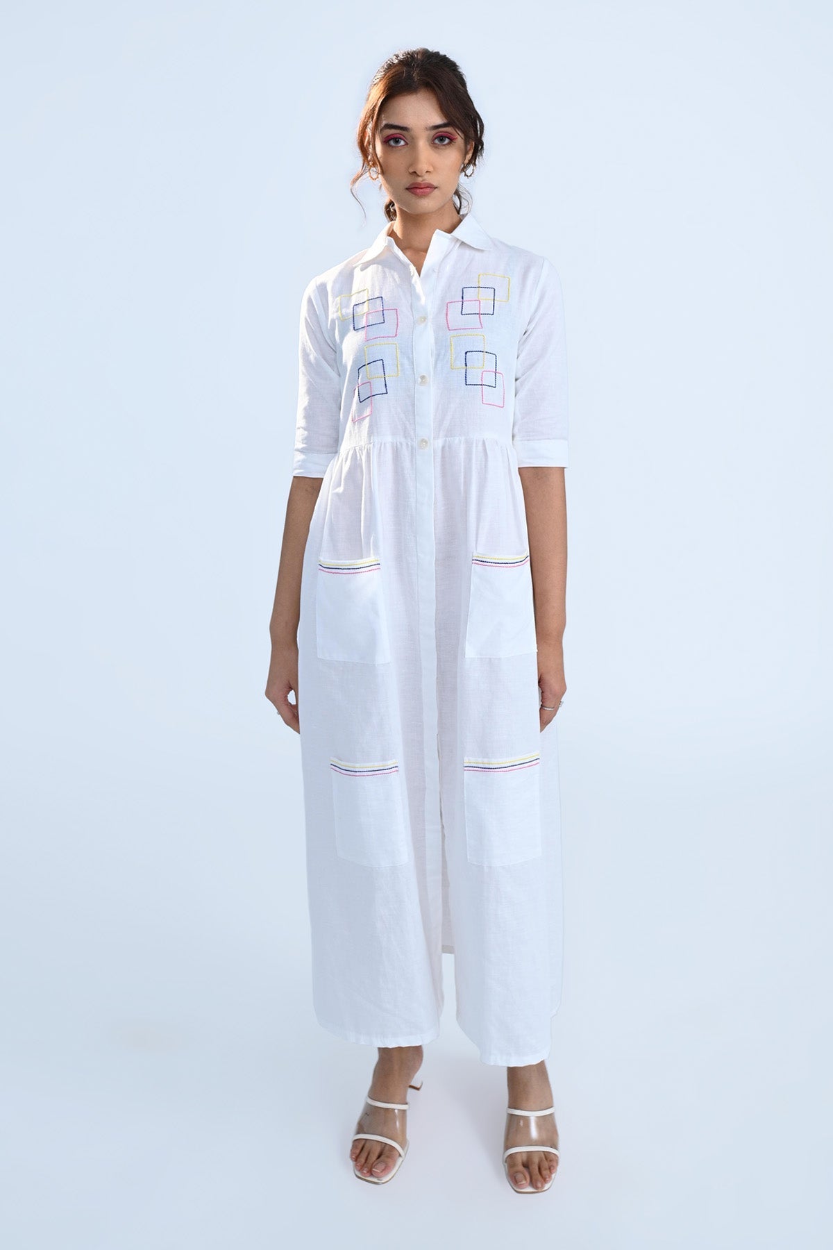 Cubes Embroidered White Dress