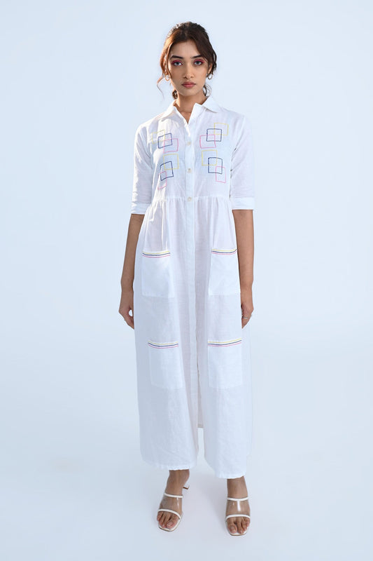 Cubes Embroidered White Dress