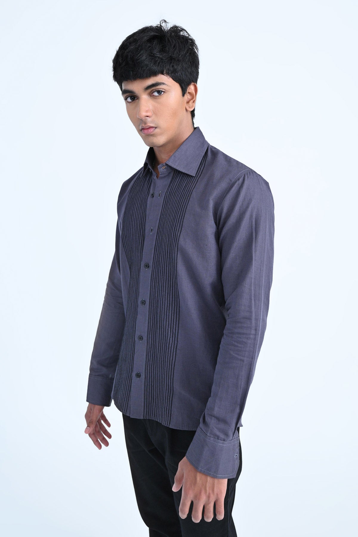 Dark Grey Embroidered Cotton Linen Shirt