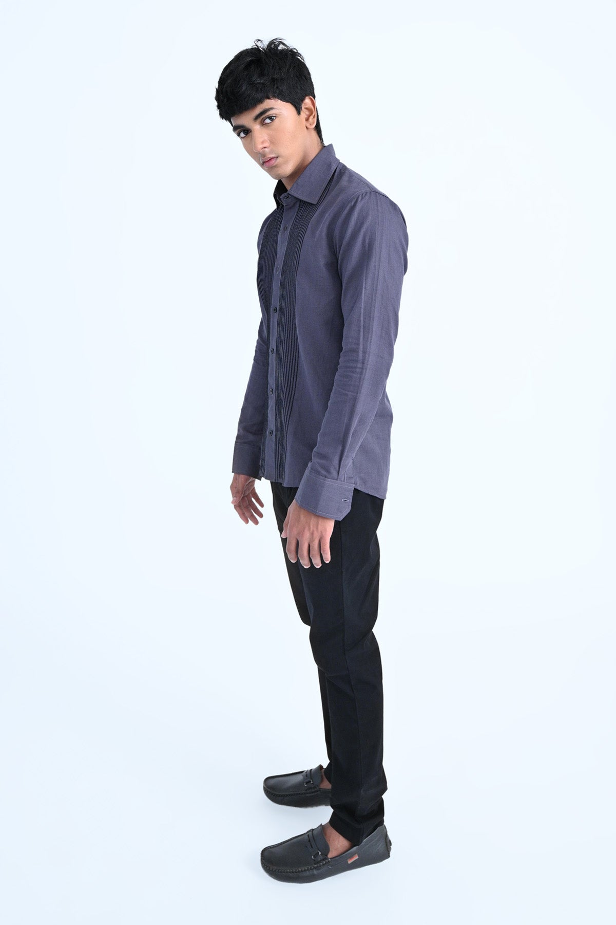 Dark Grey Embroidered Cotton Linen Shirt