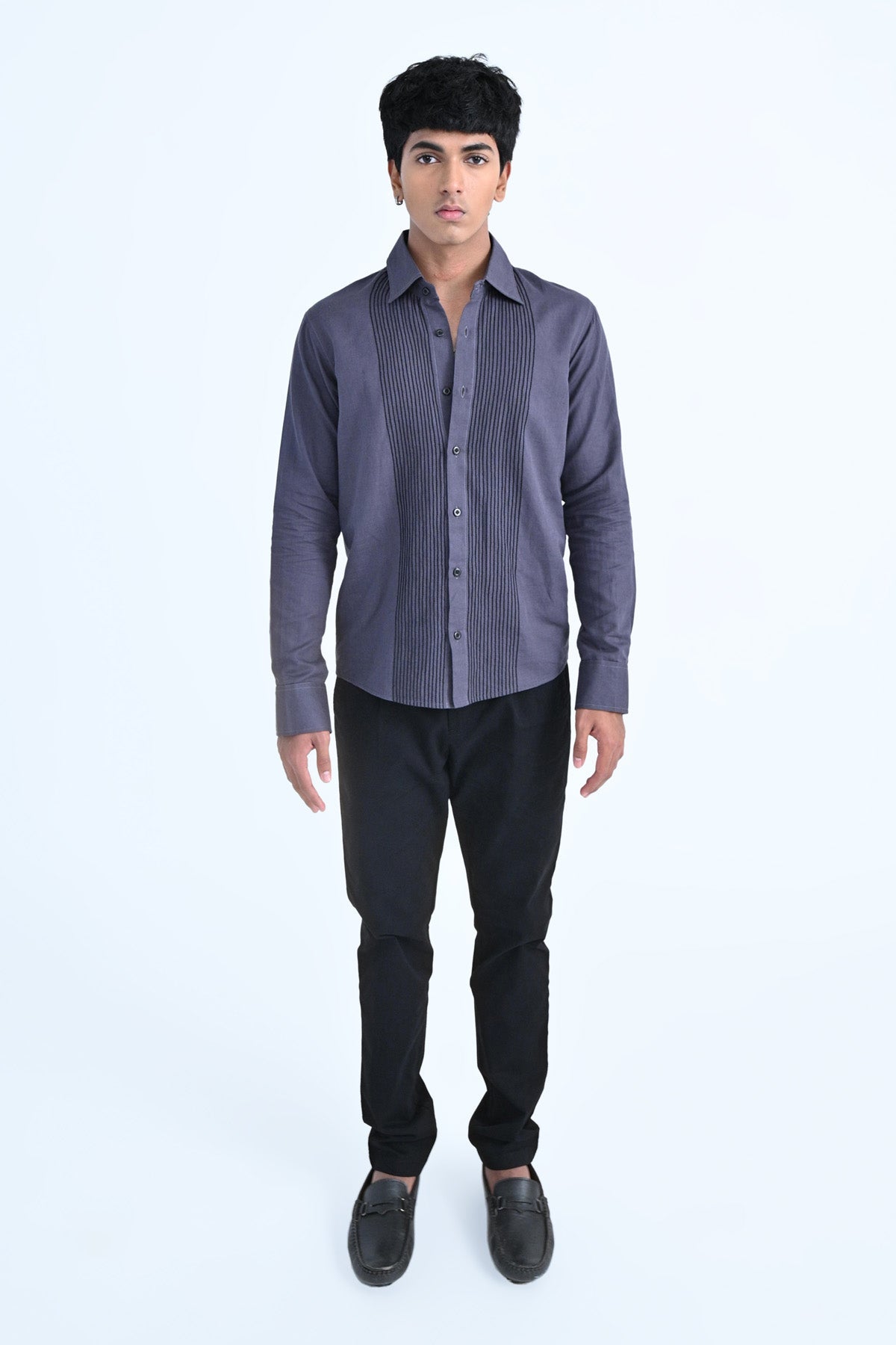 Dark Grey Embroidered Cotton Linen Shirt