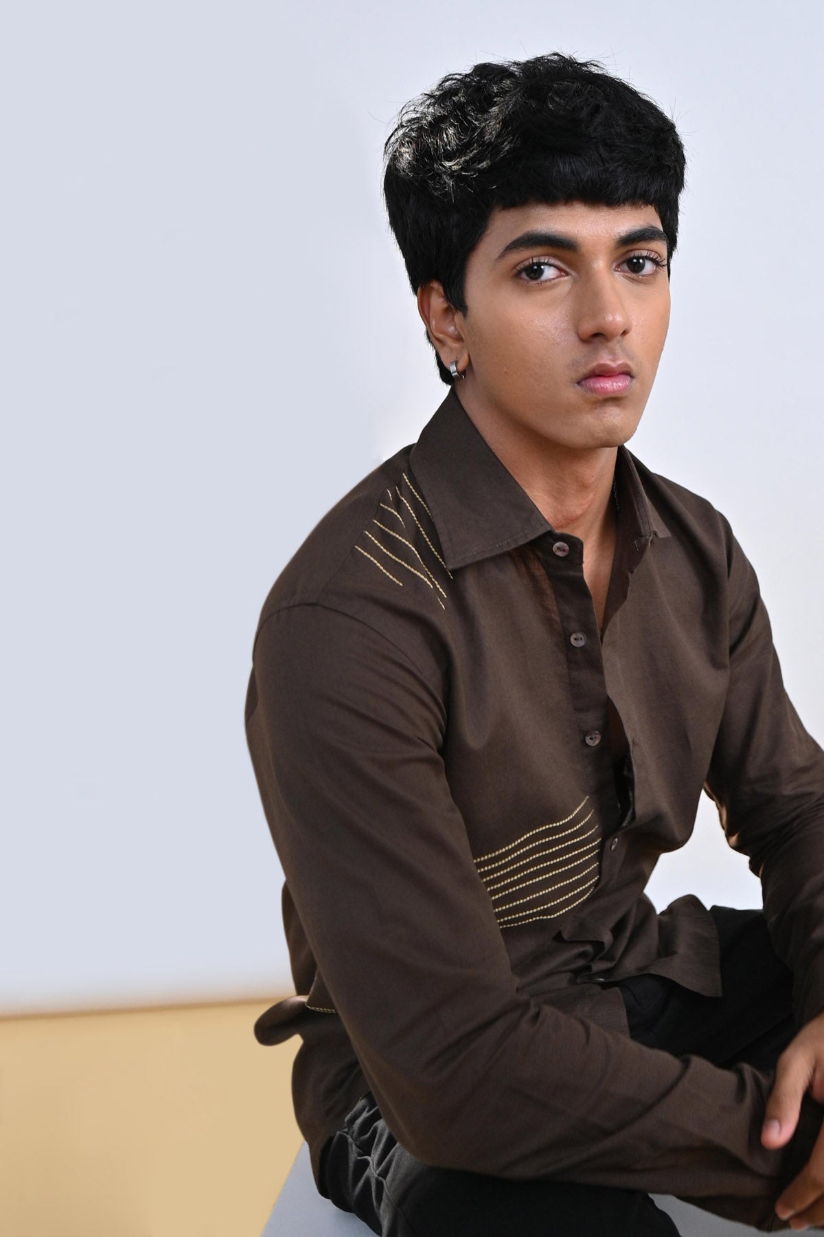 Embroidered Chocolate Cotton Linen Shirt