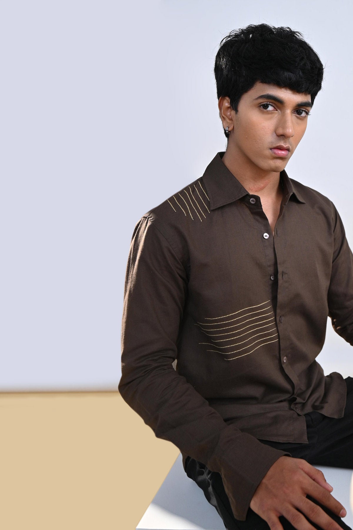 Embroidered Chocolate Cotton Linen Shirt