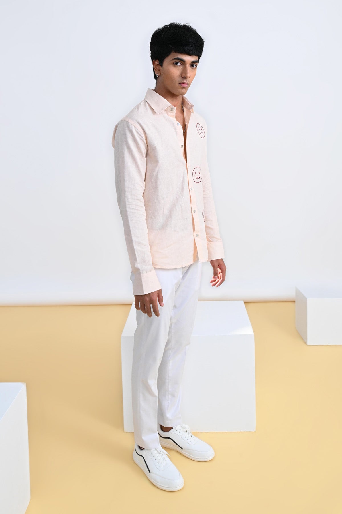 Face Embroidered Cotton Linen Shirt
