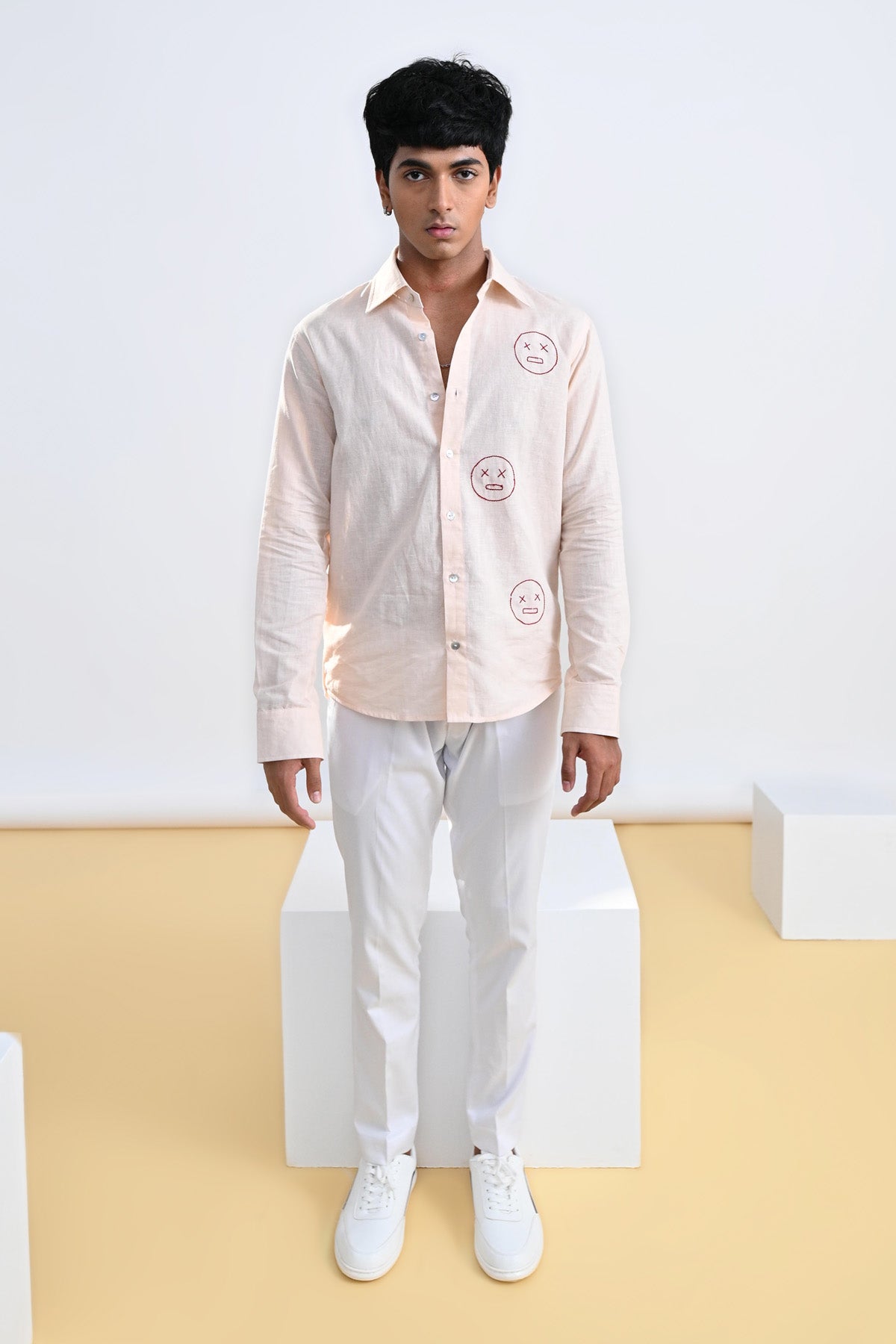 Face Embroidered Cotton Linen Shirt