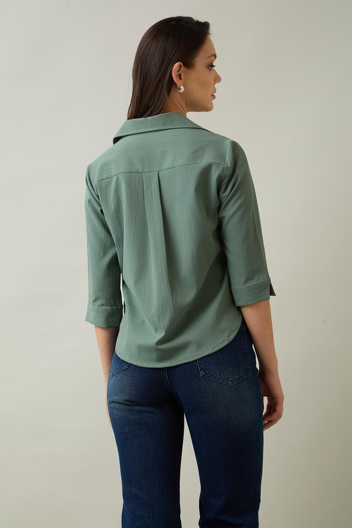 Green Box Pleated Collared Top