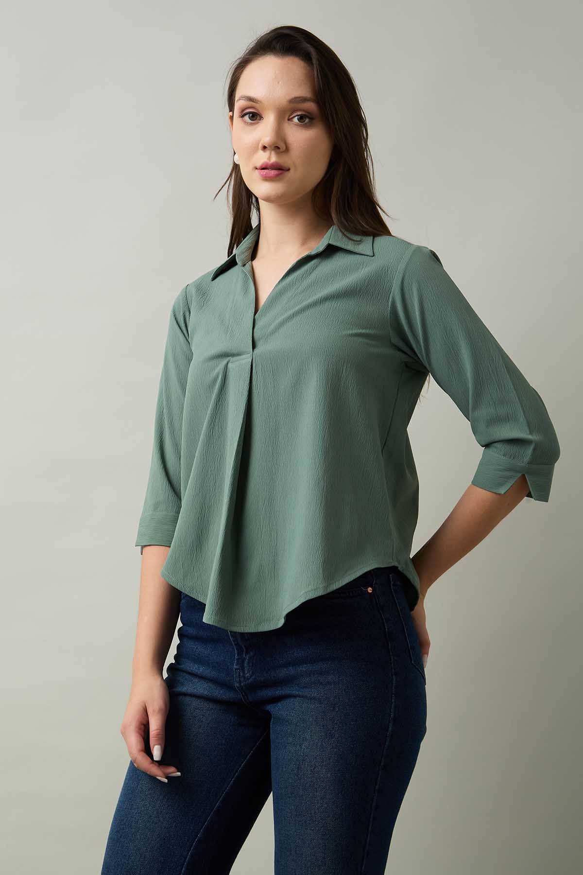 Green Box Pleated Collared Top
