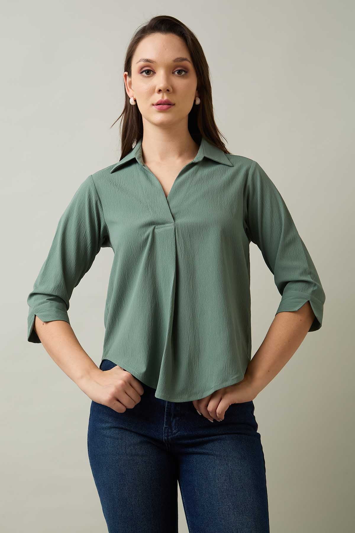 Green Box Pleated Collared Top