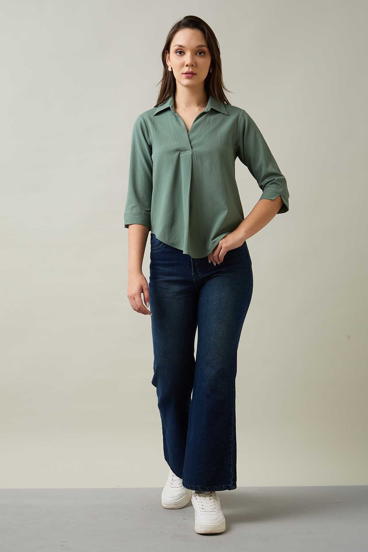 Green Box Pleated Collared Top