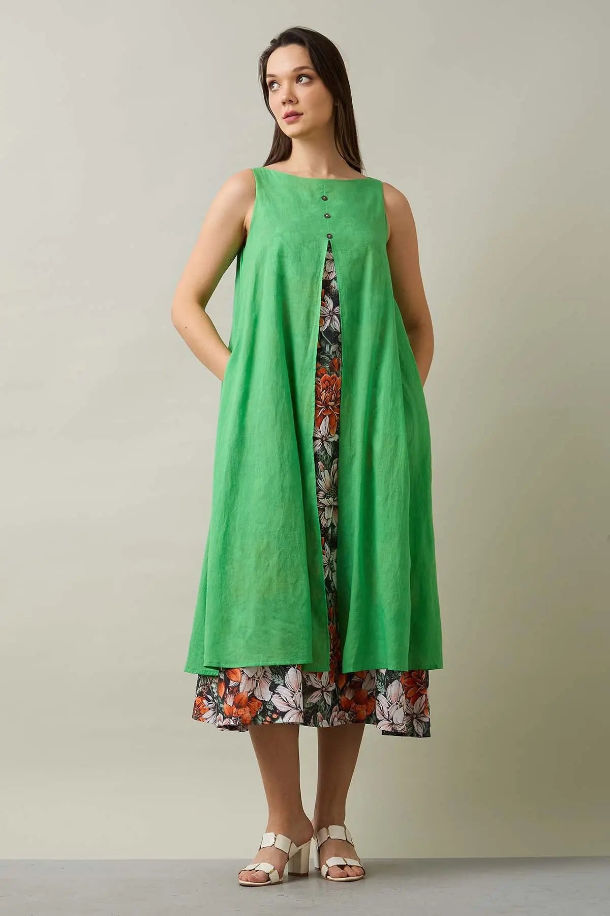 Green Cotton Front Open Dress SNEHA B