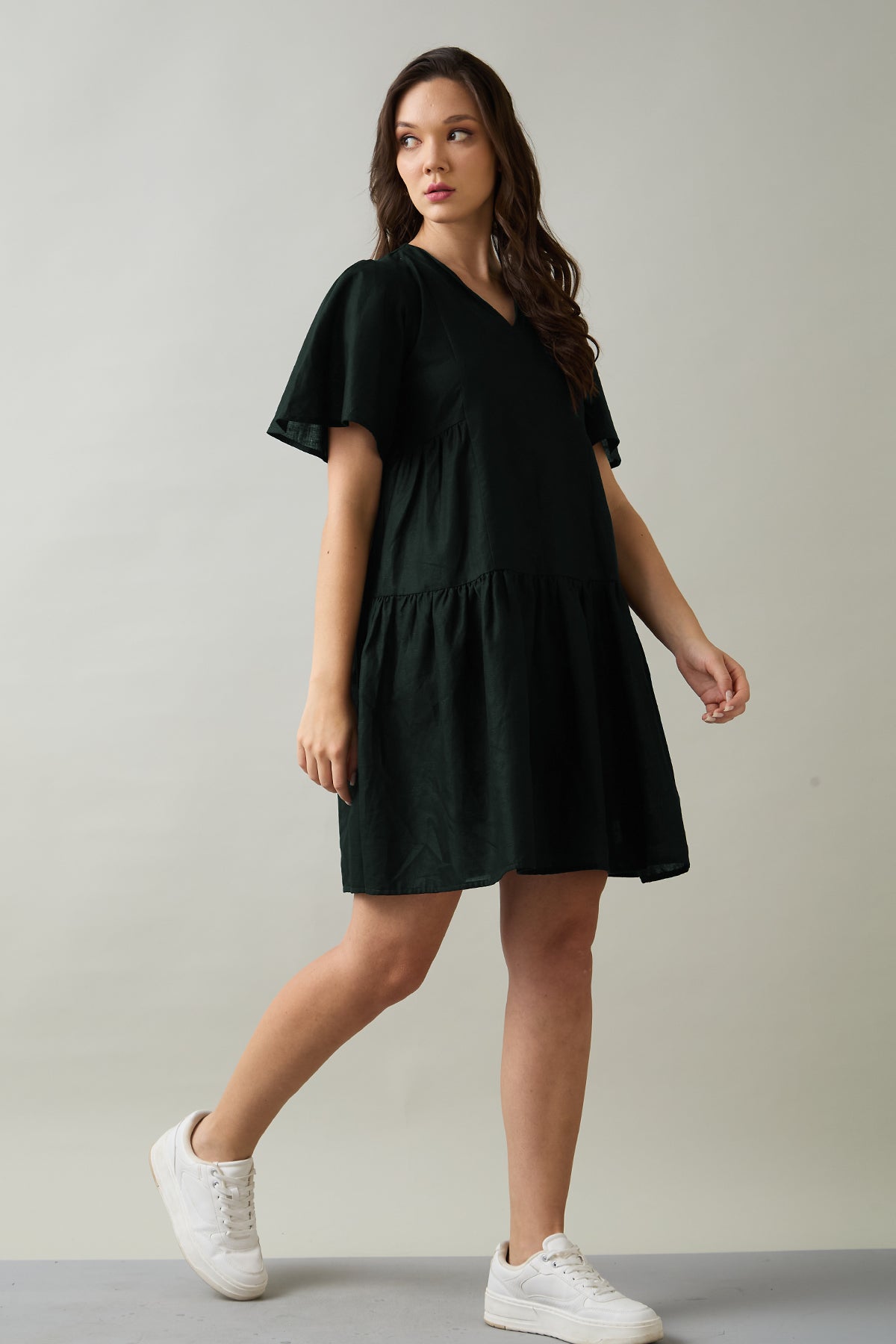 Green Cotton Linen Flare Dress