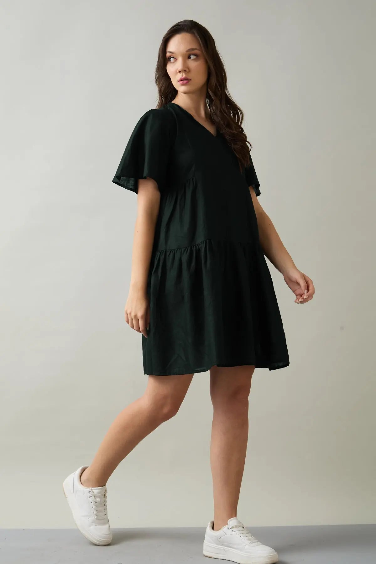 Green Cotton Linen Flare Dress SNEHA B