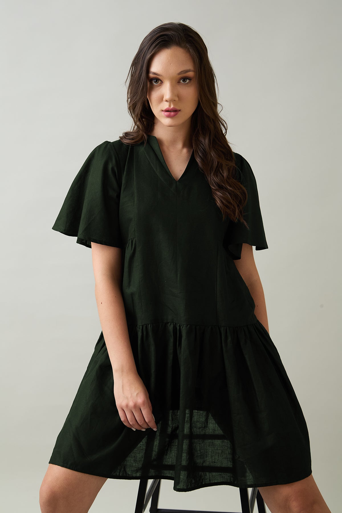 Green Cotton Linen Flare Dress