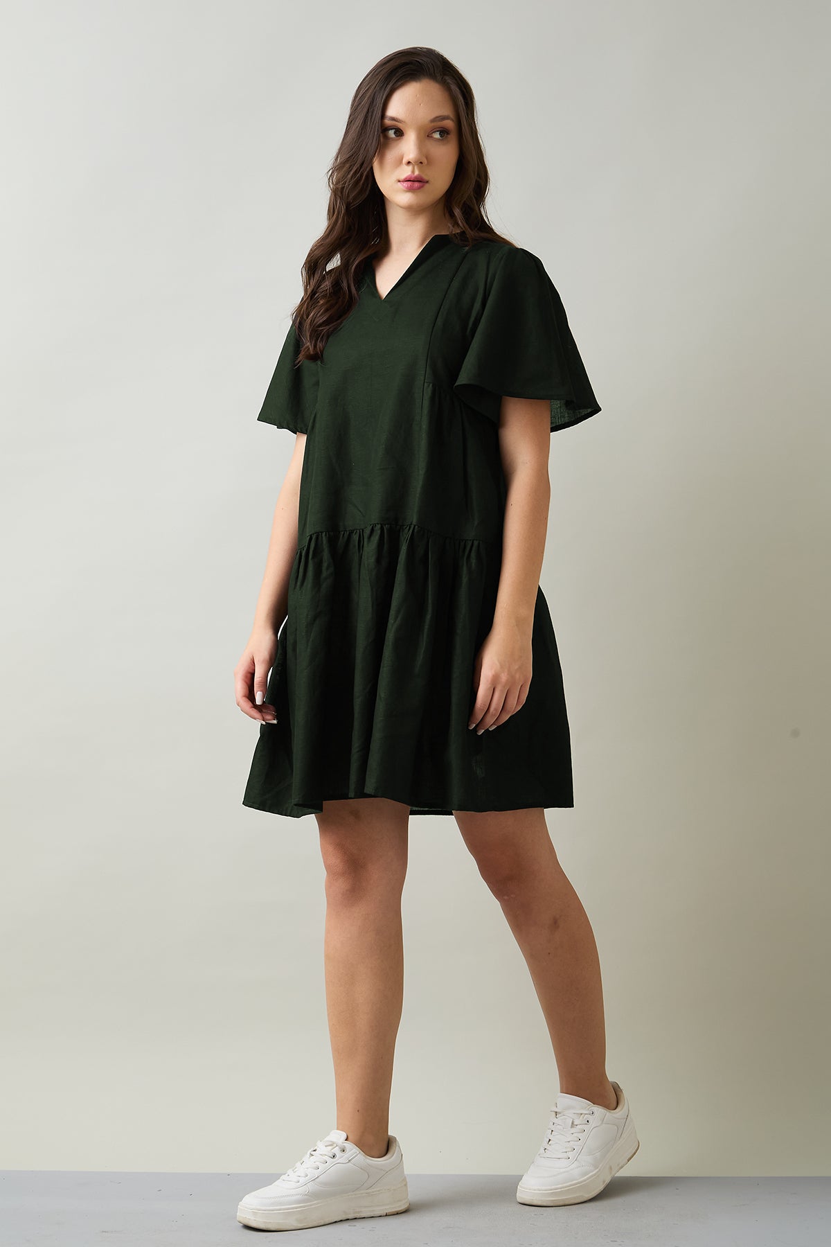Green Cotton Linen Flare Dress