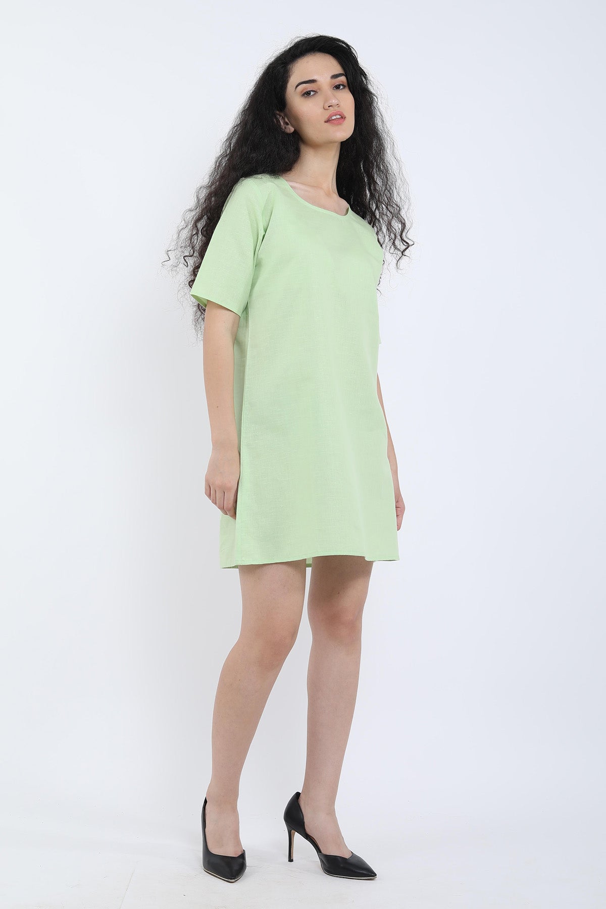 Green Cotton Linen Loose Dress
