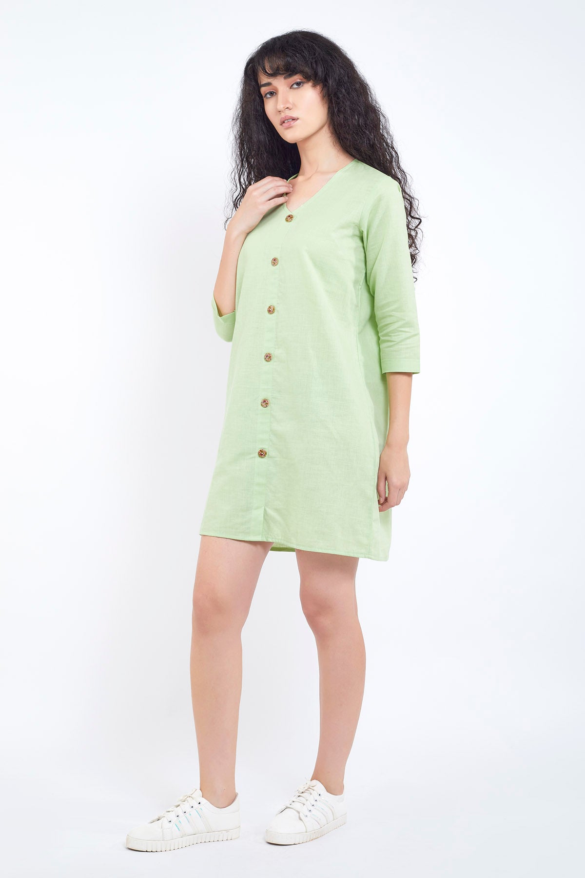 Green Cotton Linen Mini Dress