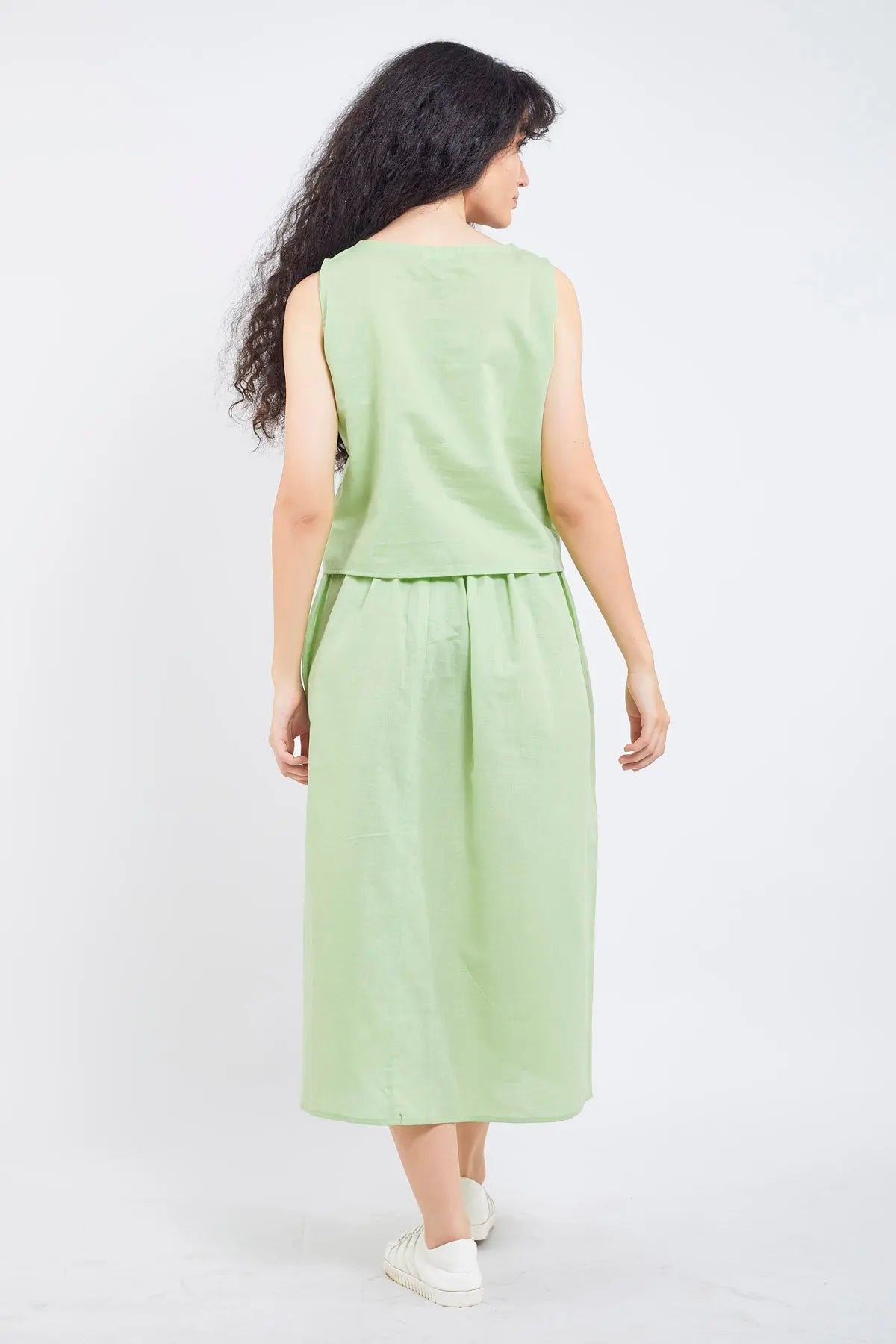 Green Cotton Linen Skirt Set SNEHA B