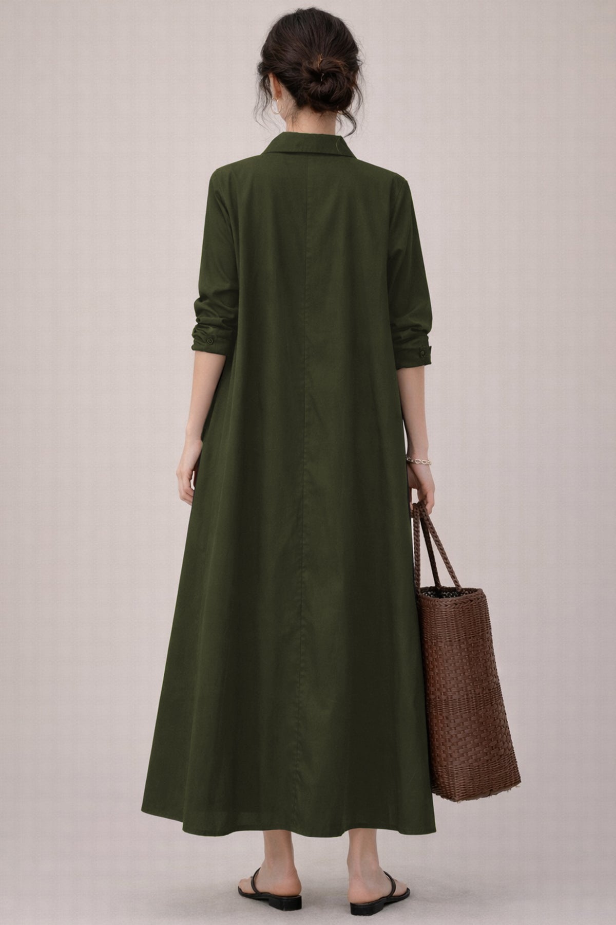 Green Cotton Maxi Shirt Dress