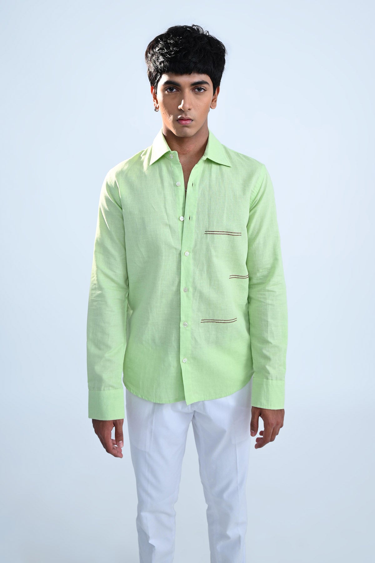 Green Embroidered Cotton Linen Shirt