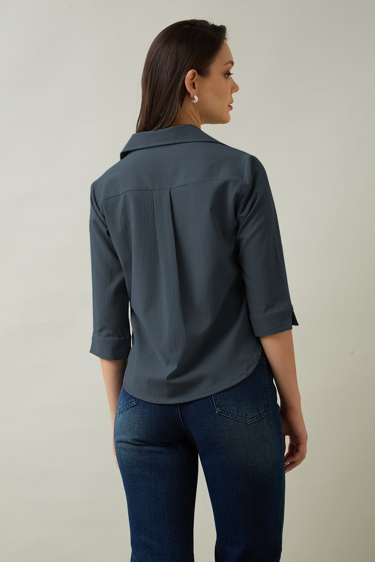 Grey Box Pleated Collared Top