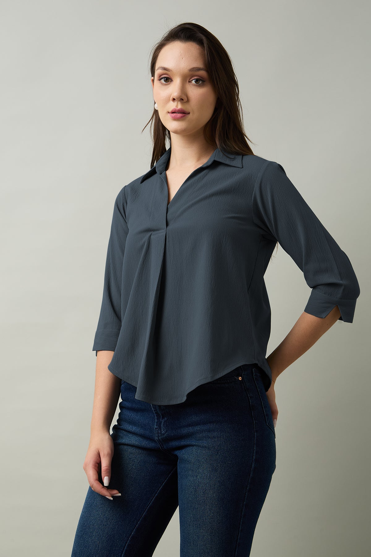 Grey Box Pleated Collared Top