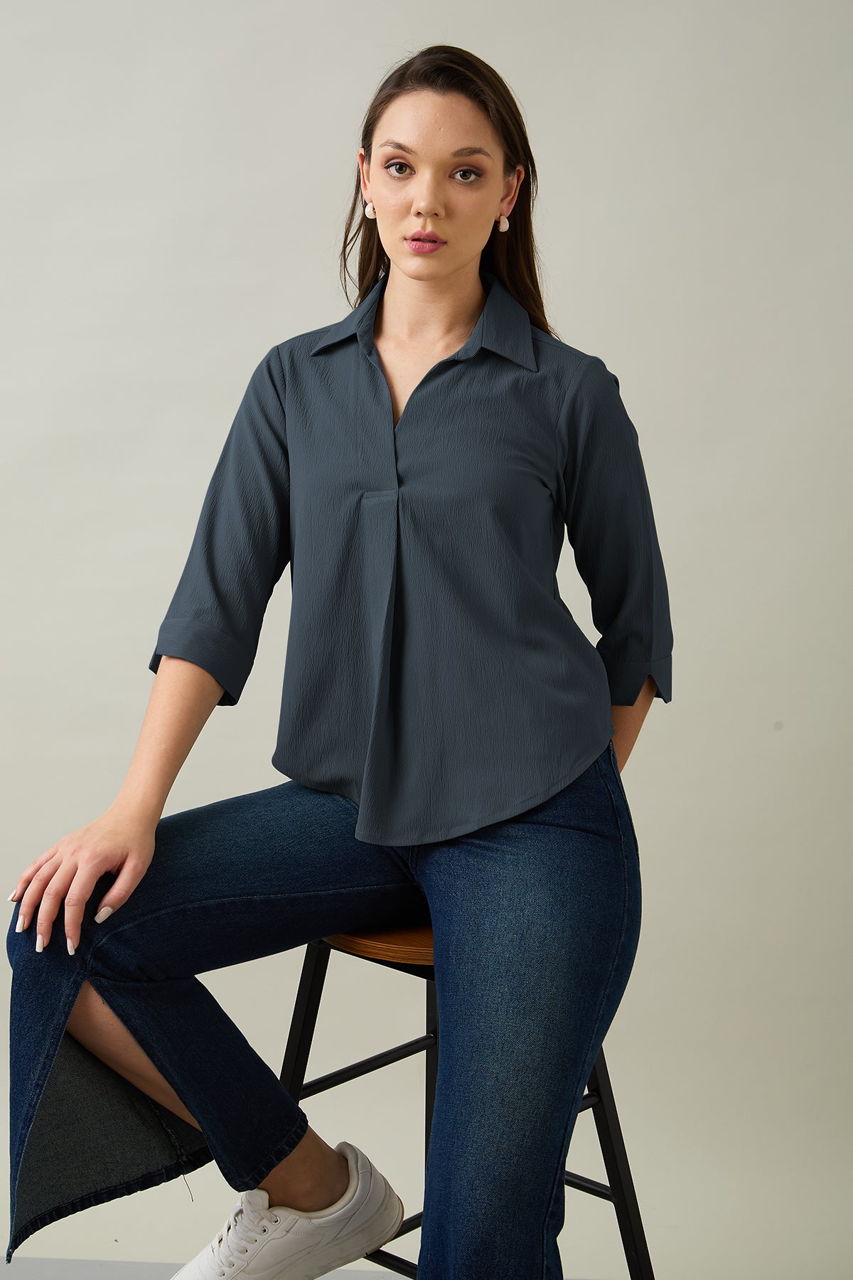 Grey Box Pleated Collared Top