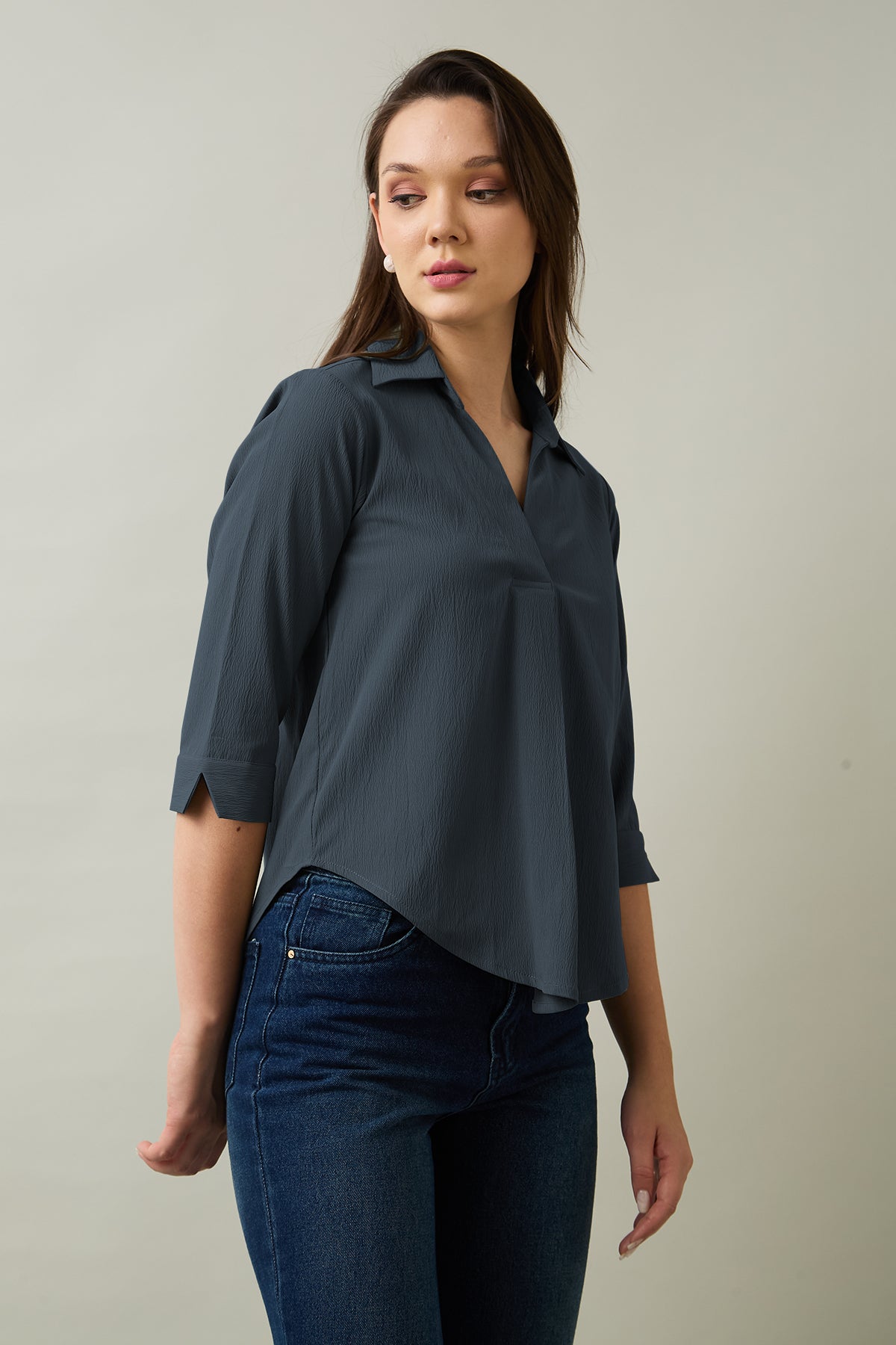 Grey Box Pleated Collared Top