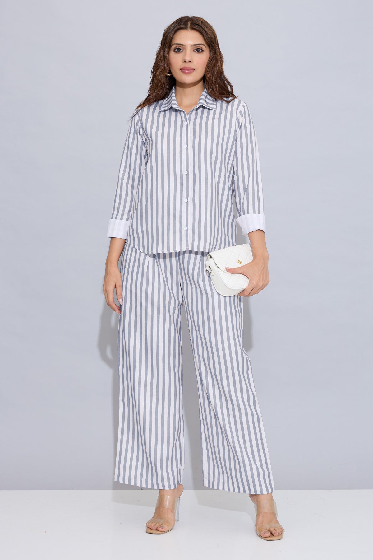 Grey Cotton Stripe Collar Shirt