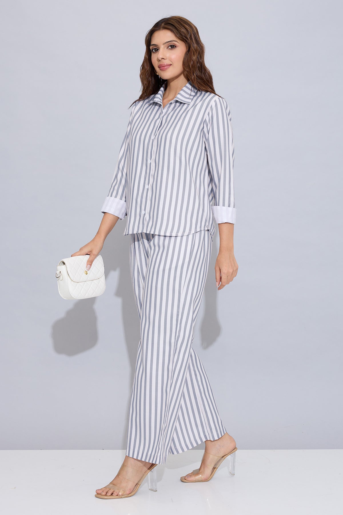 Grey Pure Cotton Stripe Pants