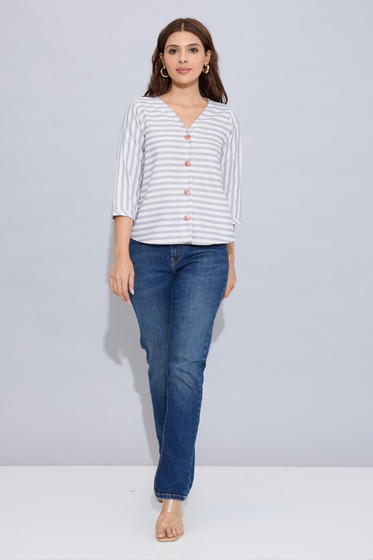 Buy Grey Stripe Button Cotton Top by SNEHA B