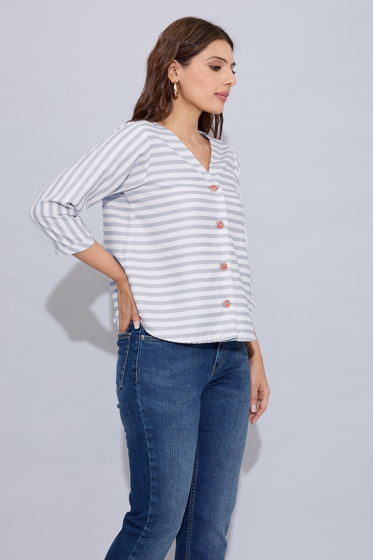 Grey Stripe Button Cotton Top