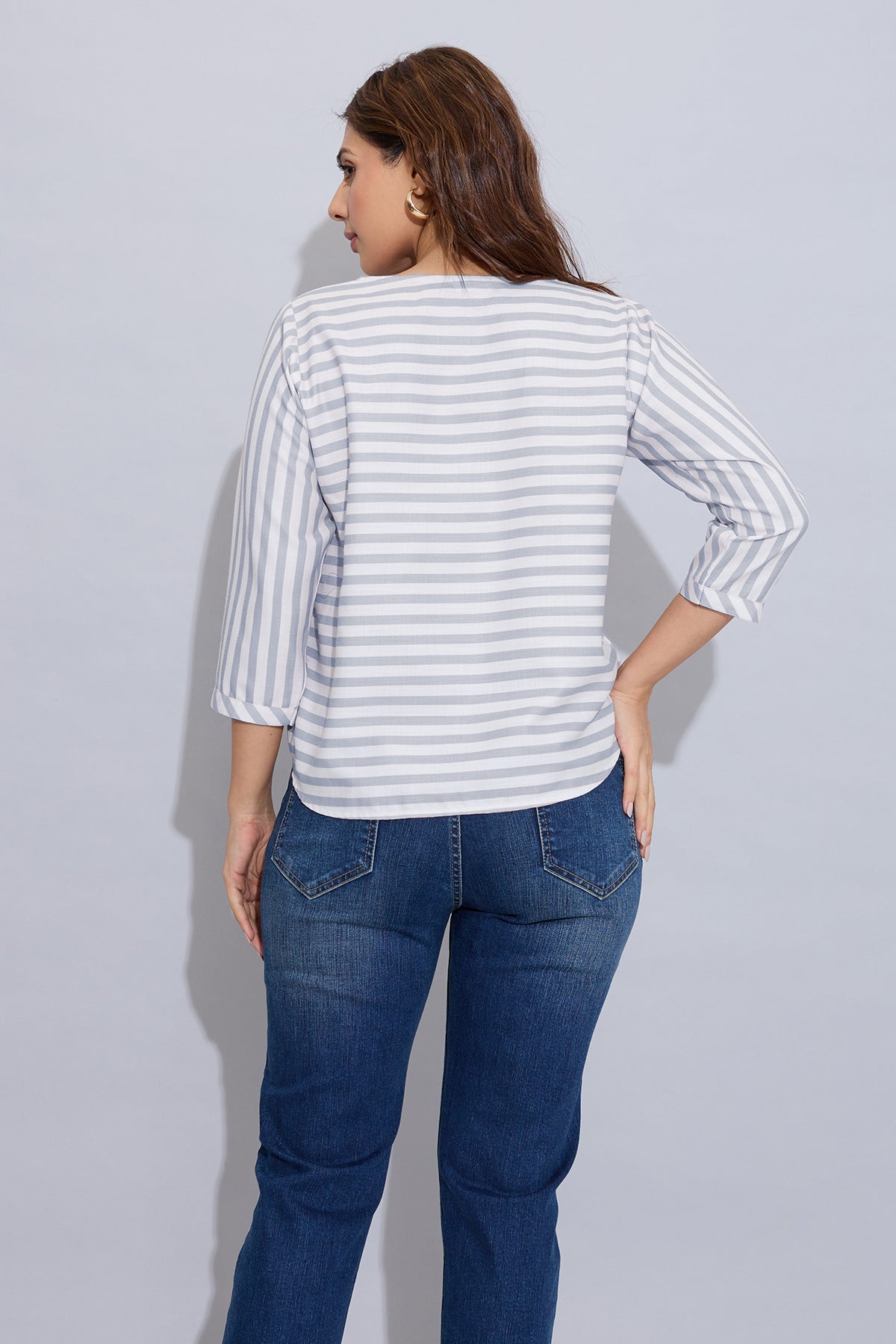 Grey Stripe Button Cotton Top