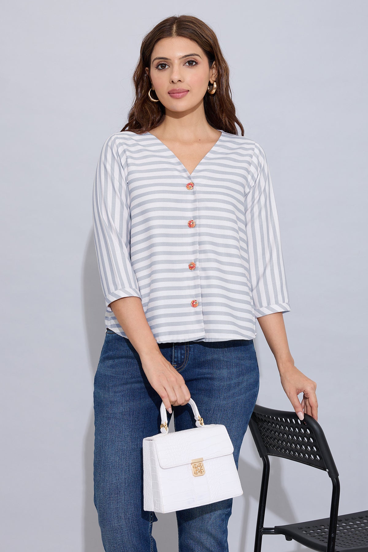 Grey Stripe Button Cotton Top