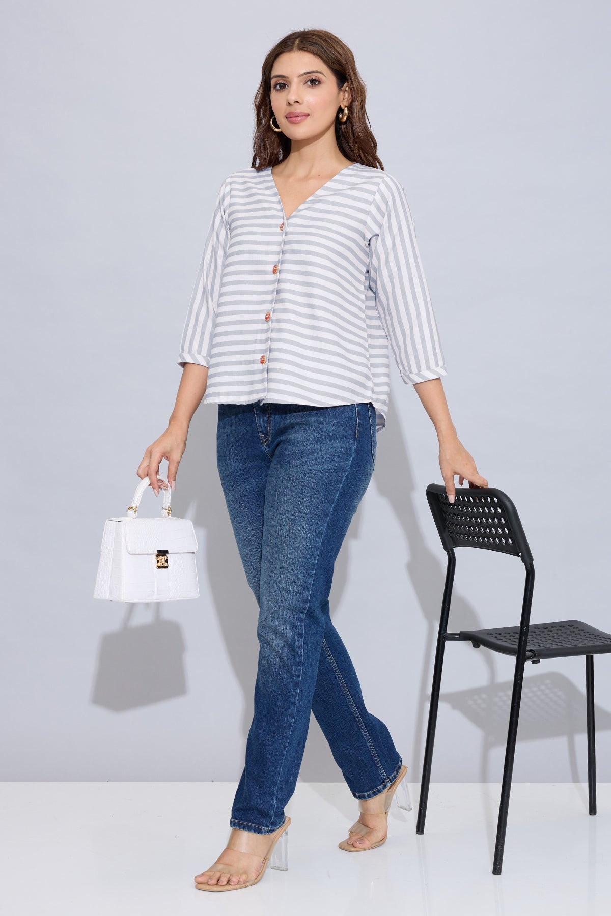 Grey Stripe Button Cotton Top