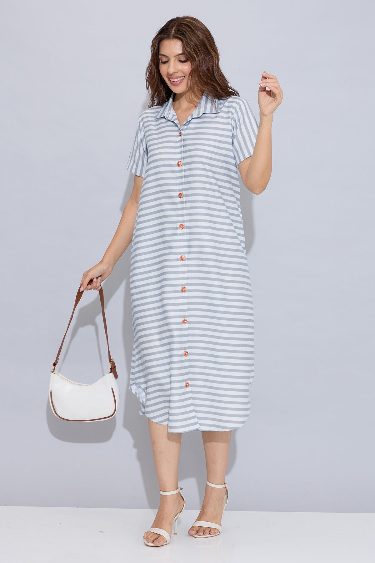 Grey Stripe Cotton Shirt Dress