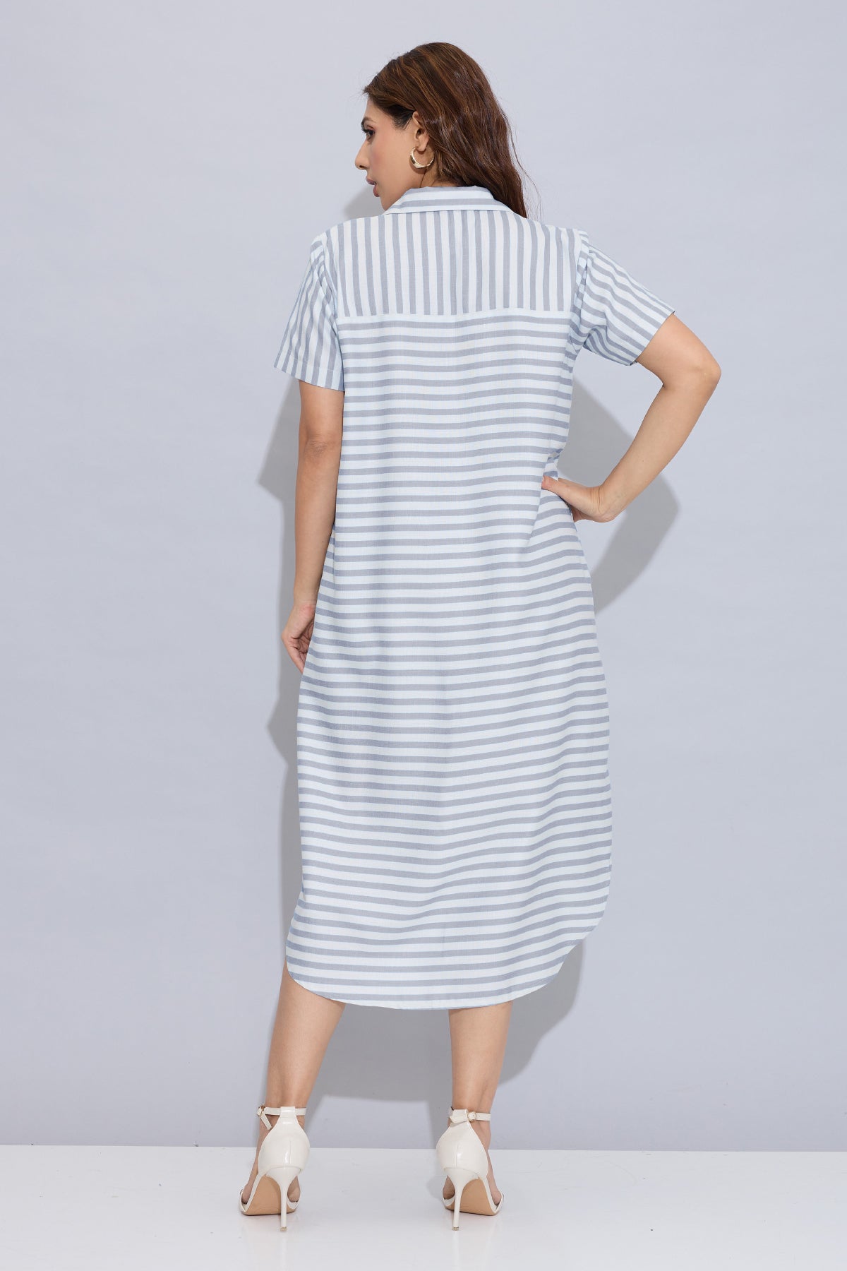 Grey Stripe Cotton Shirt Dress