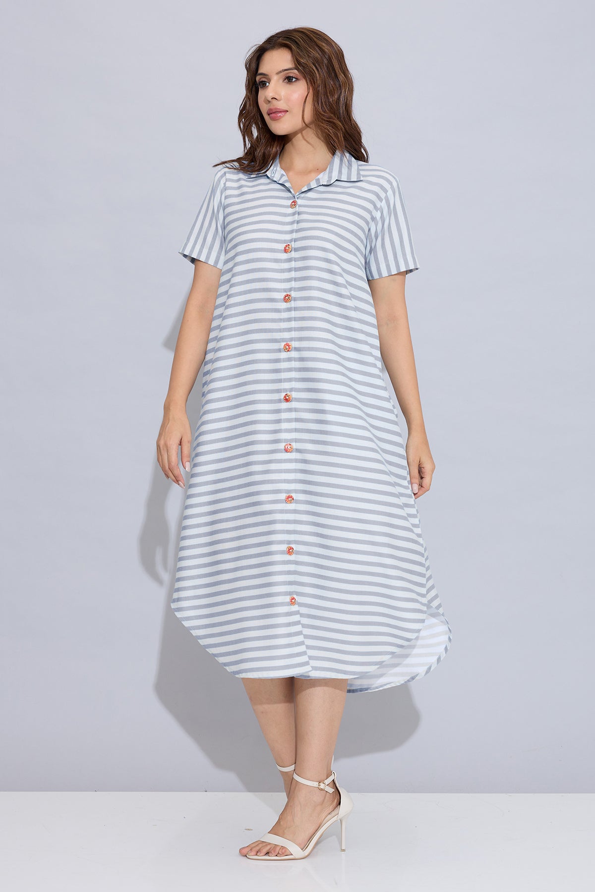 Grey Stripe Cotton Shirt Dress