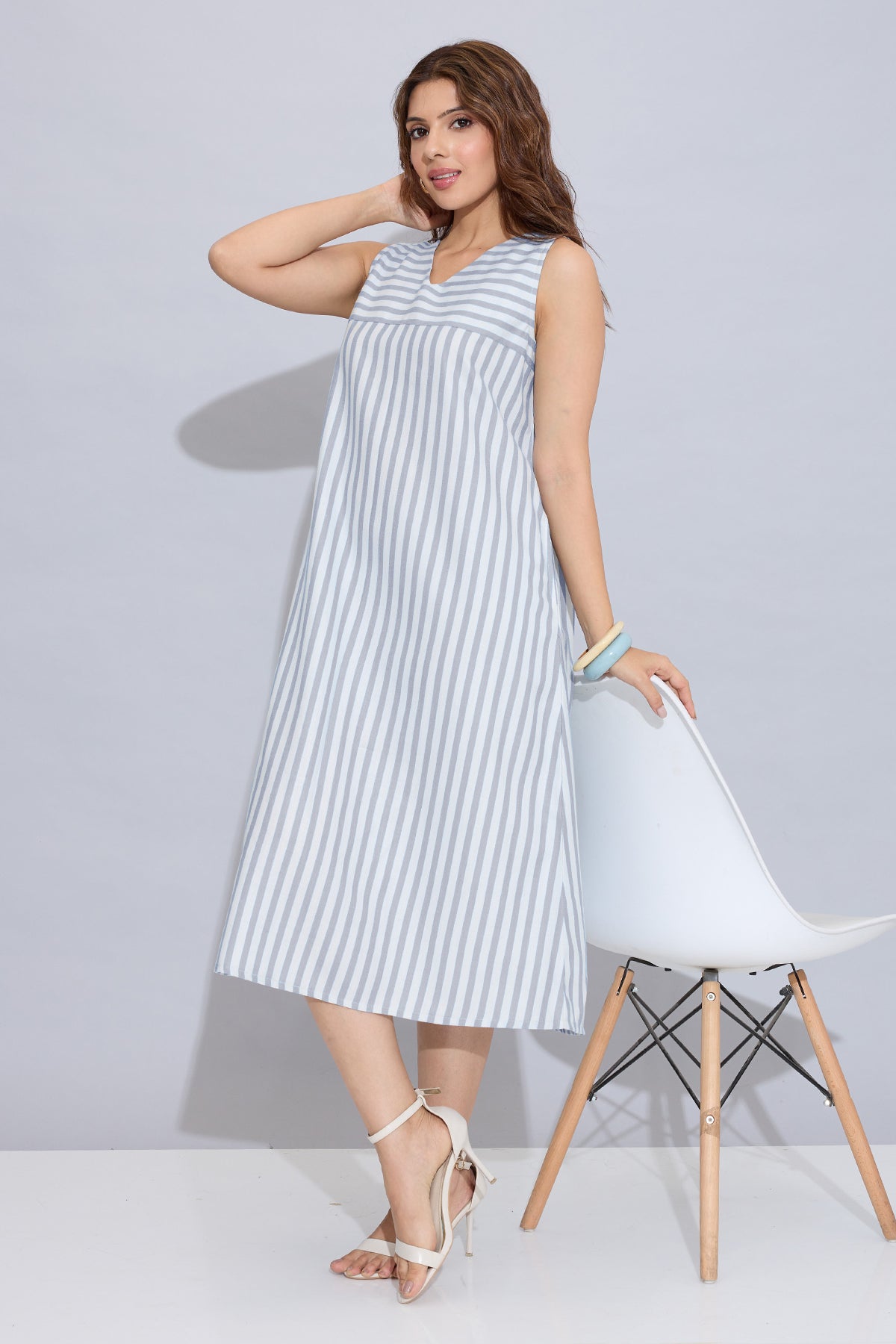 Buy Grey Stripes Sleeveless Dress by SNEHA B