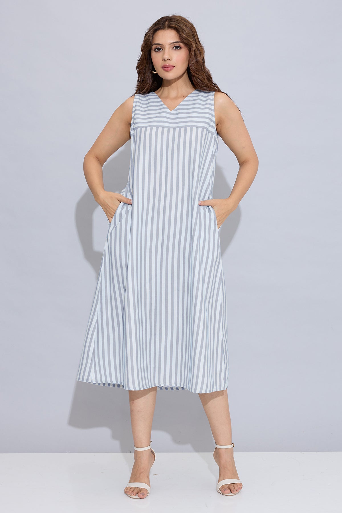 Grey Stripes Sleeveless Dress