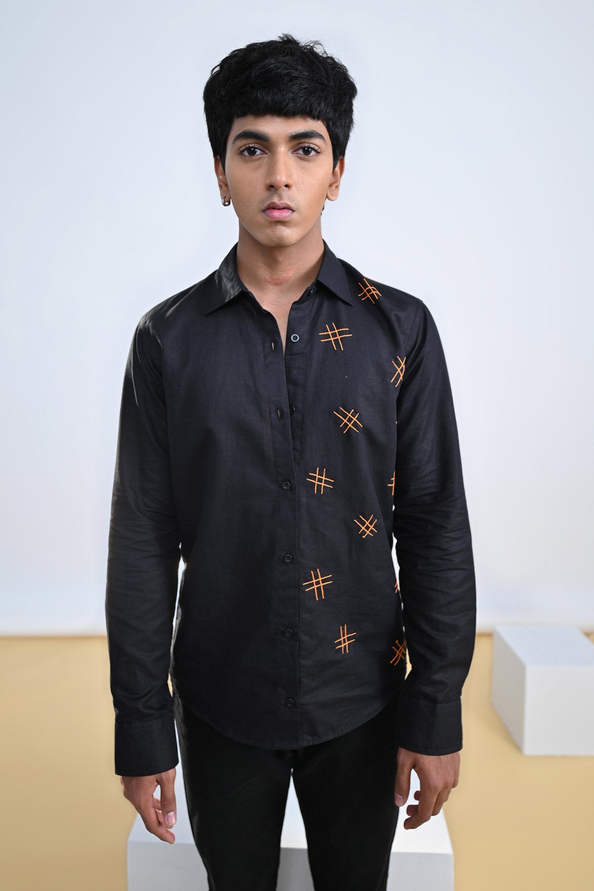 Hashtag Embroidered Cotton Linen Shirt