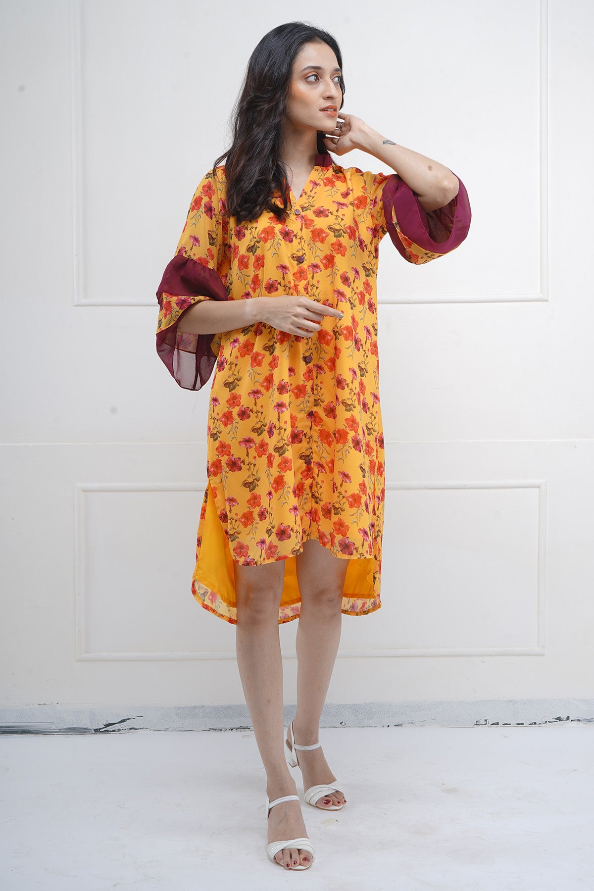 High Low Print Slit Shirt Dress