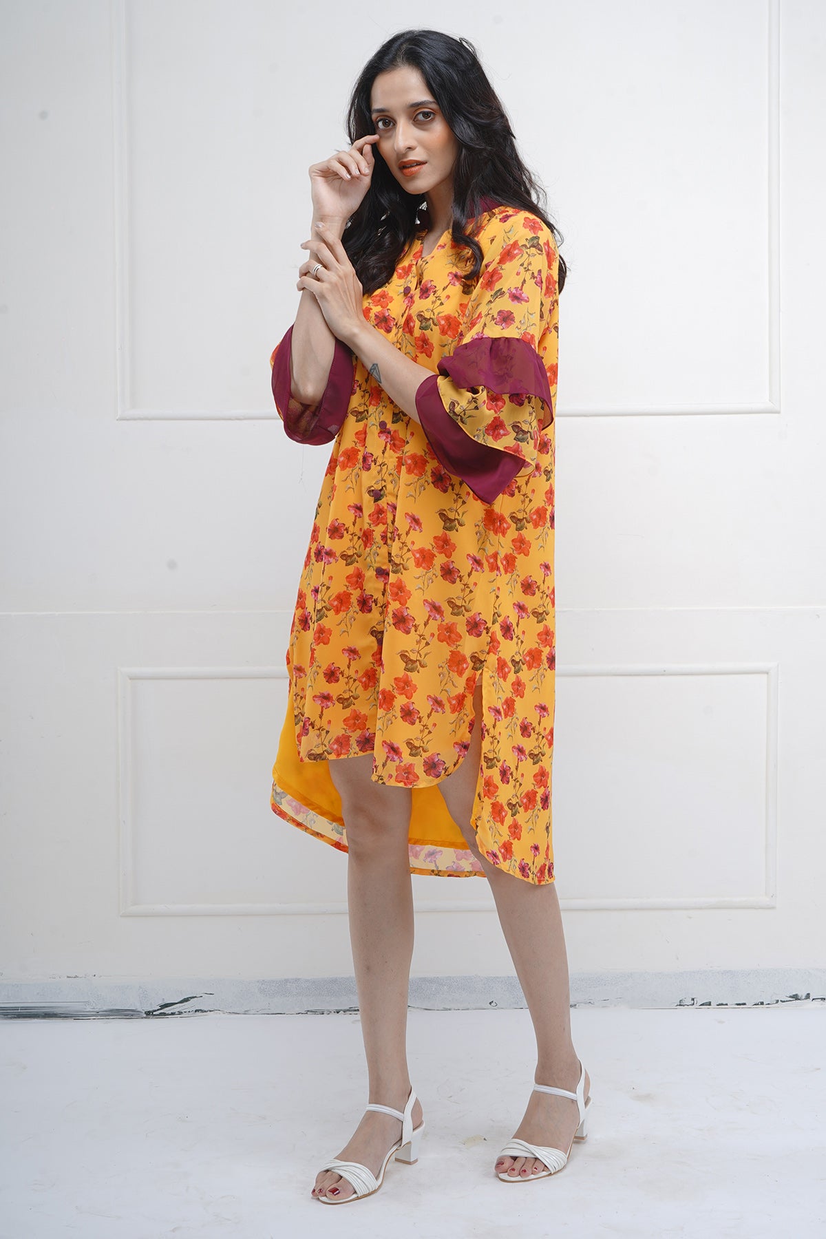 High Low Print Slit Shirt Dress