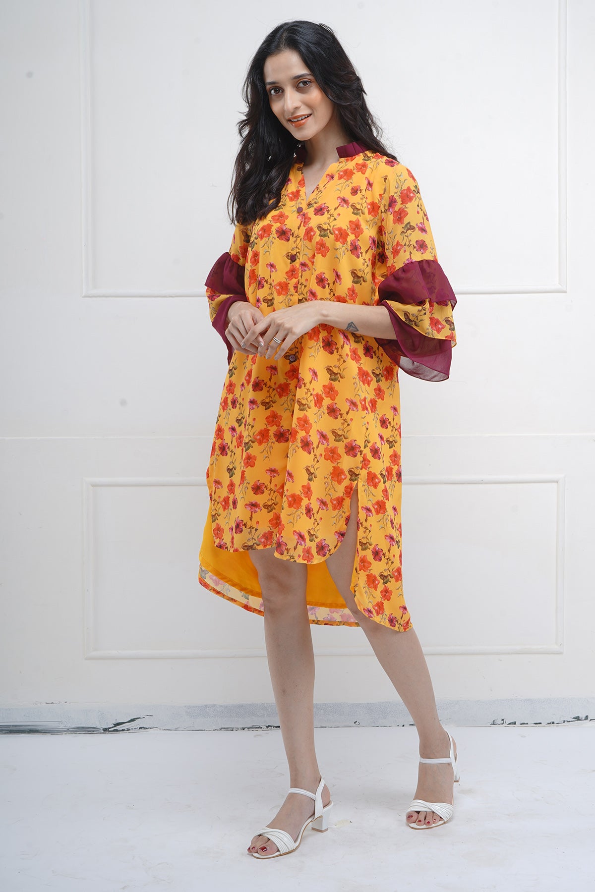 High Low Print Slit Shirt Dress