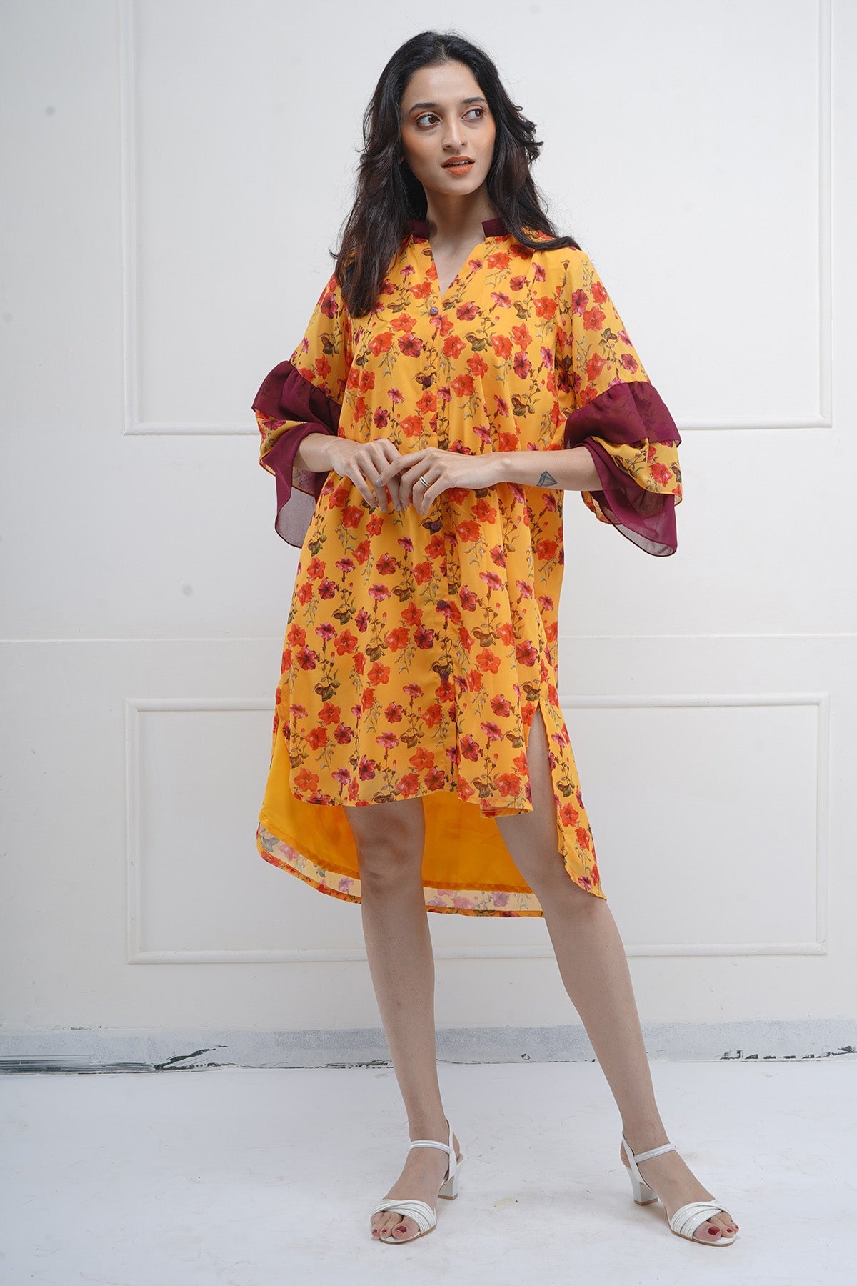 Buy High Low Print Slit Shirt Dress by SNEHA B