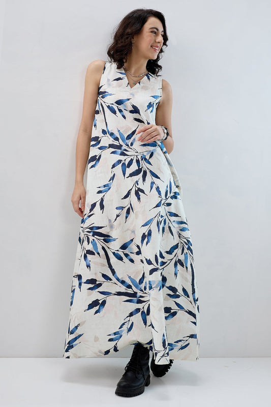 Leaf Printed Cotton Maxi Dress