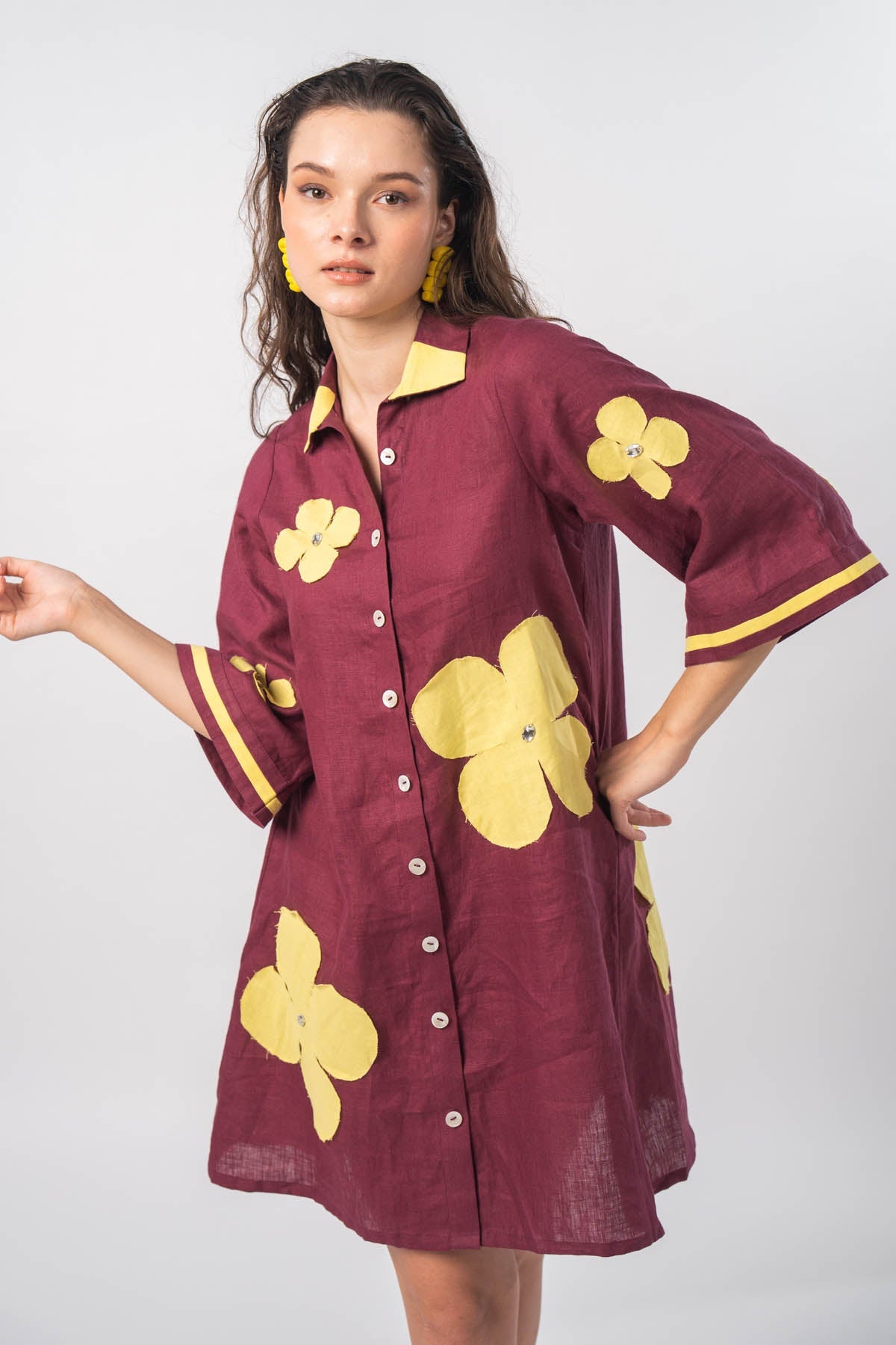Maroon Patch Work Shirt Dress