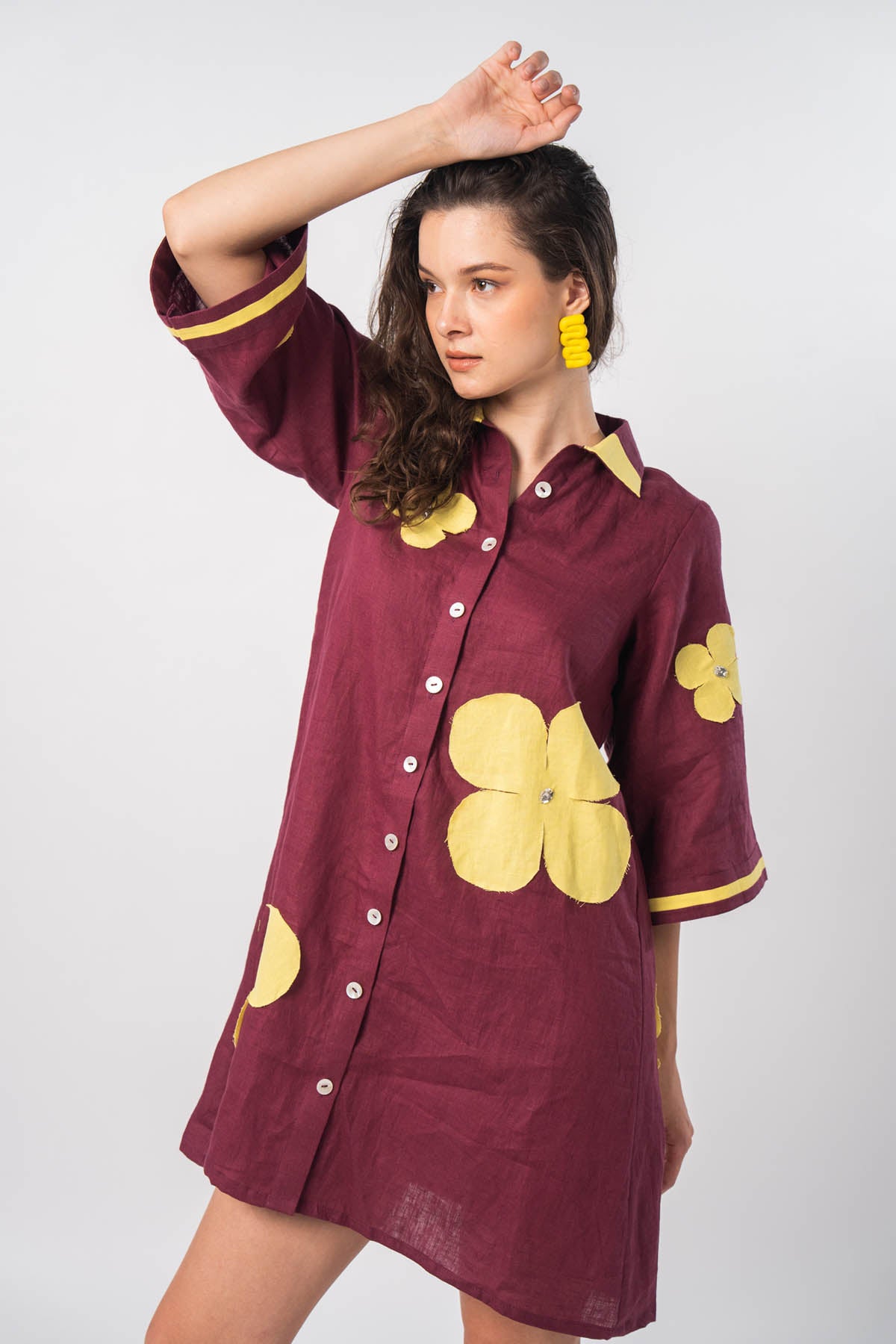 Maroon Patch Work Shirt Dress