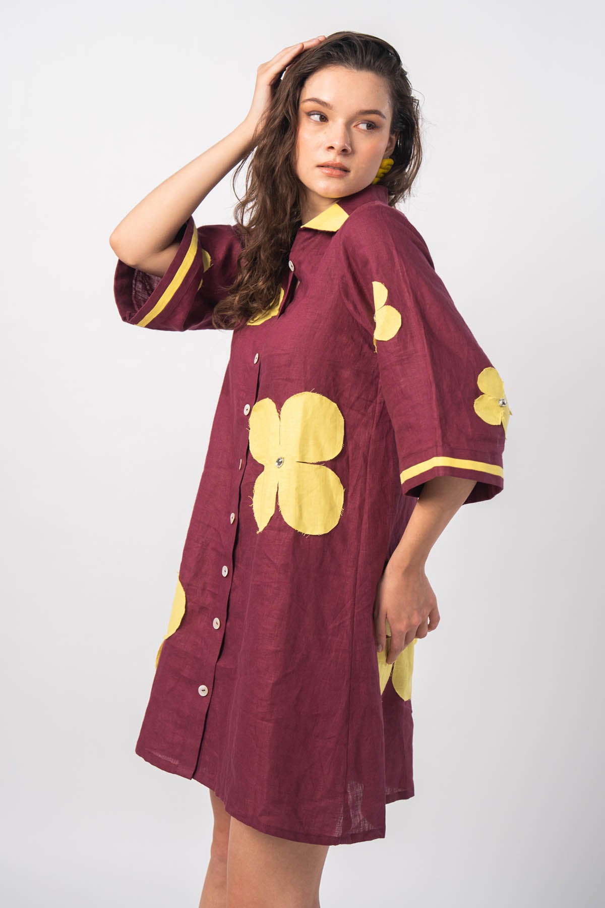 Maroon Patch Work Shirt Dress