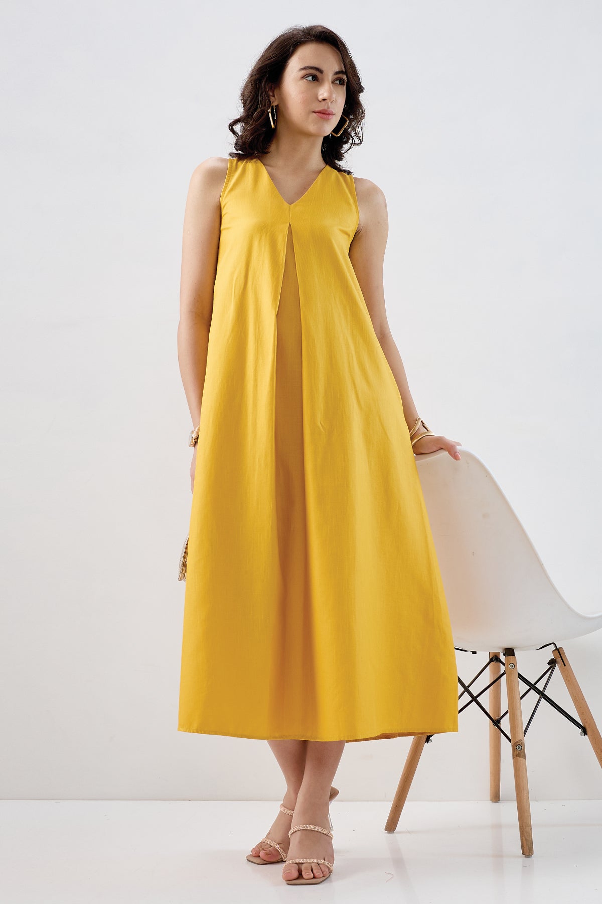 Mustard Box Pleat Cotton Dress