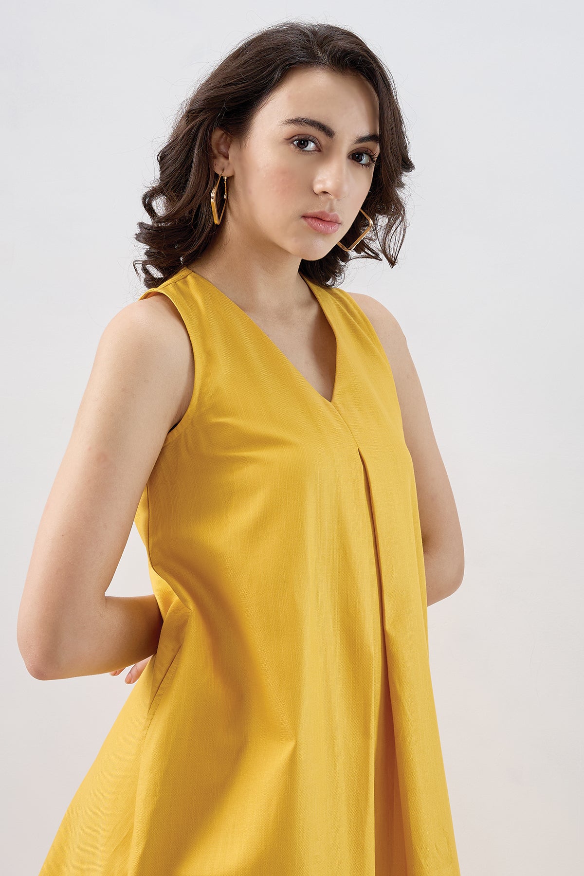 Mustard Box Pleat Cotton Dress